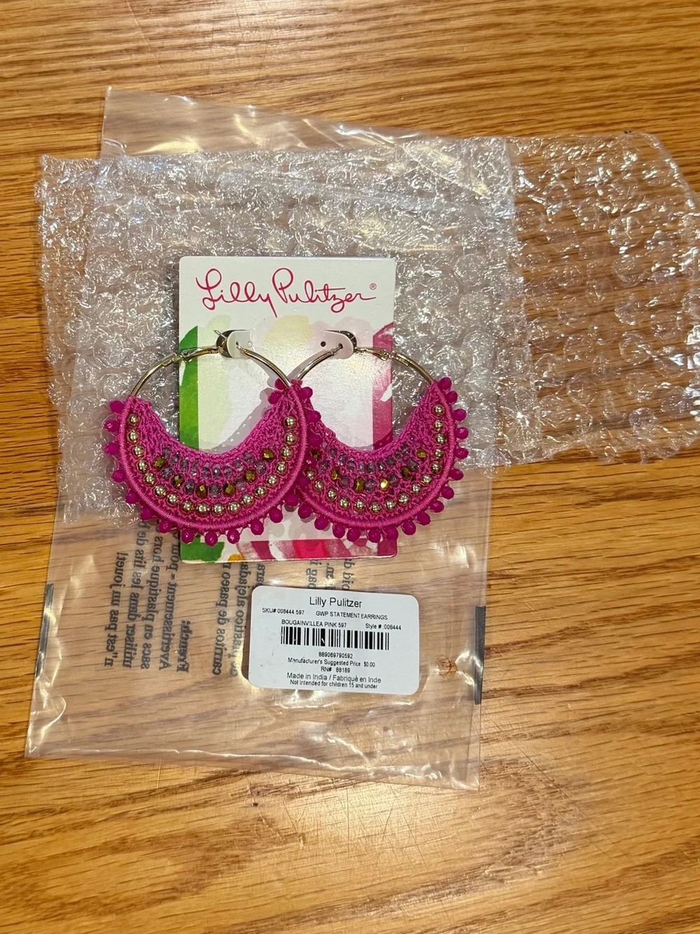 New Lilly Pulitzer Bougainvillea Pink Crochet & Bead Hoop Statement Earrings